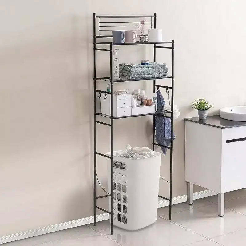3 - Shelf Wire Freestanding Shelving Unit Over Toilet Storage Organizer Rack Bathroom Space Saver Includes 4 - Hooks Black