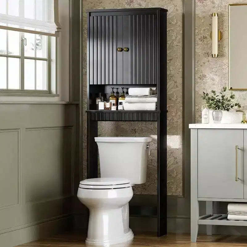 Over Toilet Storage Cabinet, Fluted Panel Doors, Soft Hinges, Black Bathroom Organizer, Space Saver Behind Toilet Rack