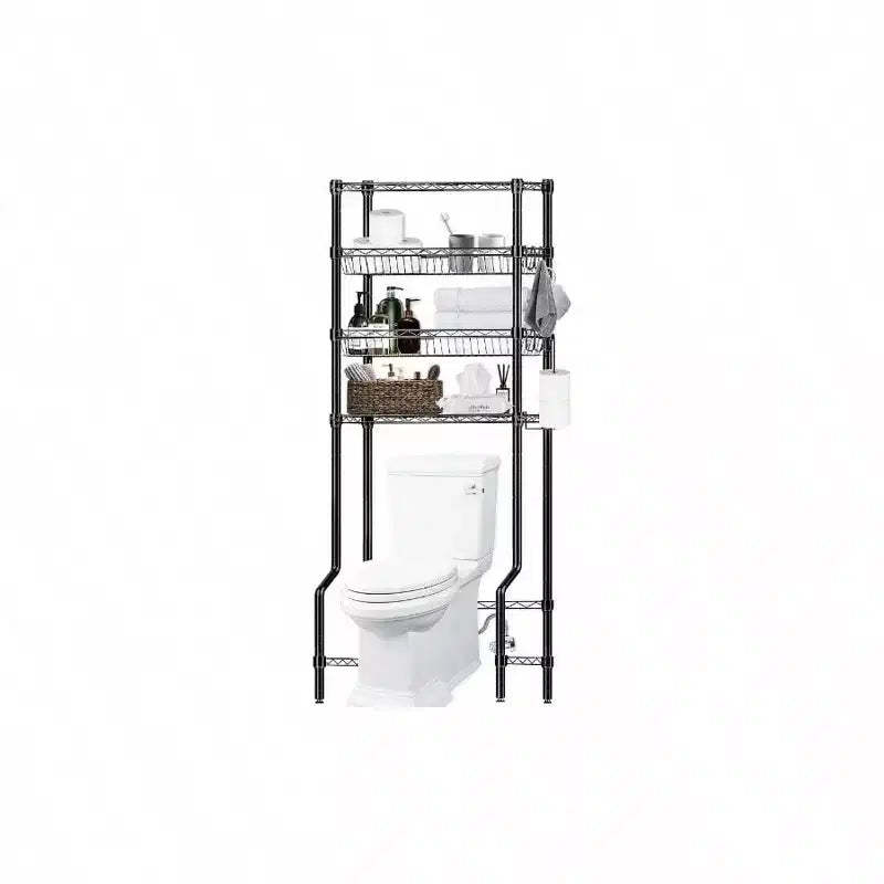 Bathroom Organizer Over Toilet Storage 4 Tier Metal Shelf Rack Black Space Saver with Adjustable Shelves and Baskets