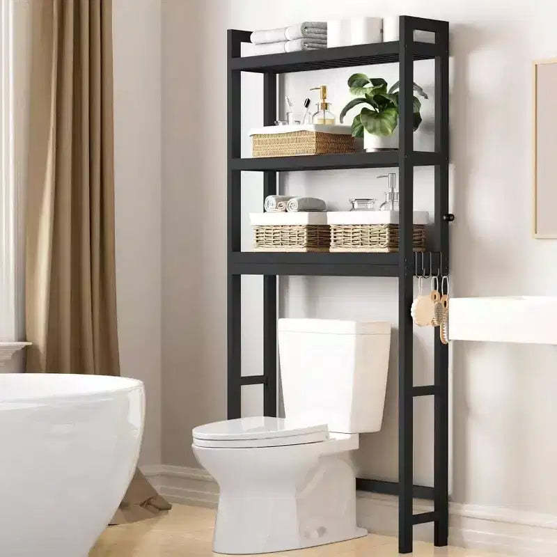 Over Toilet Storage Cabinet 3 Tier Bathroom Organizers with Adjustable Shelf 4 Hooks Space Saving Black Shelf Rack