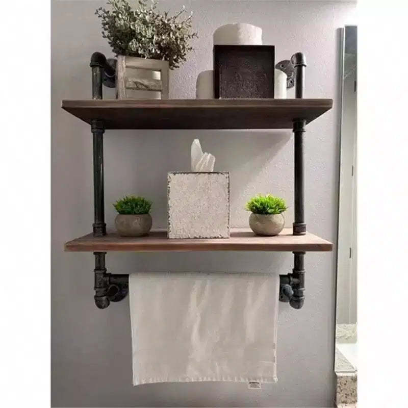 Industrial Pipe Shelf 2 Tiered Metal Towel Racks Bathroom 20 Inch Rustic Wood Wall Mount Shelf with Bar Iron Towel Holder