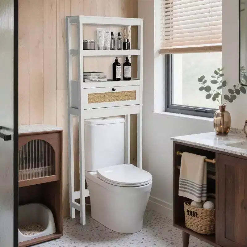 Over Toilet Storage Cabinet 3 Tier Bathroom Organizer with Rattan Door Wooden Space Saver Restroom Bathroom Laundry