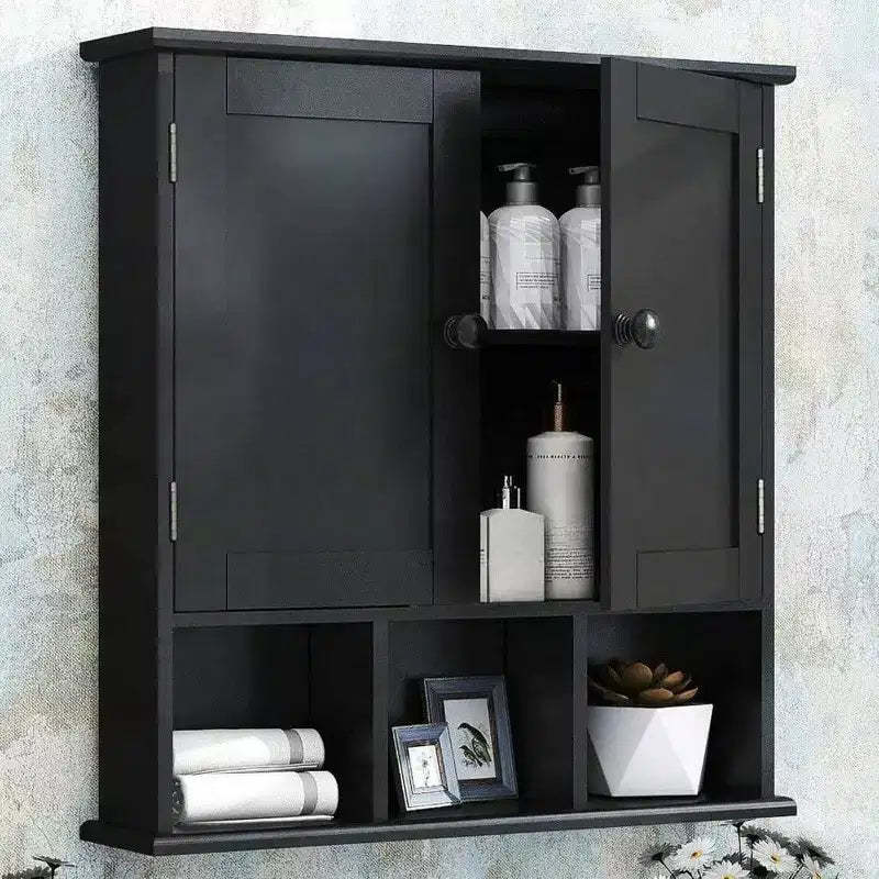 Black Bathroom Over Toilet Storage Cabinet Wall Cabinet Organizer with 2 Door Adjustable Shelves Wooden Modern Bathroom