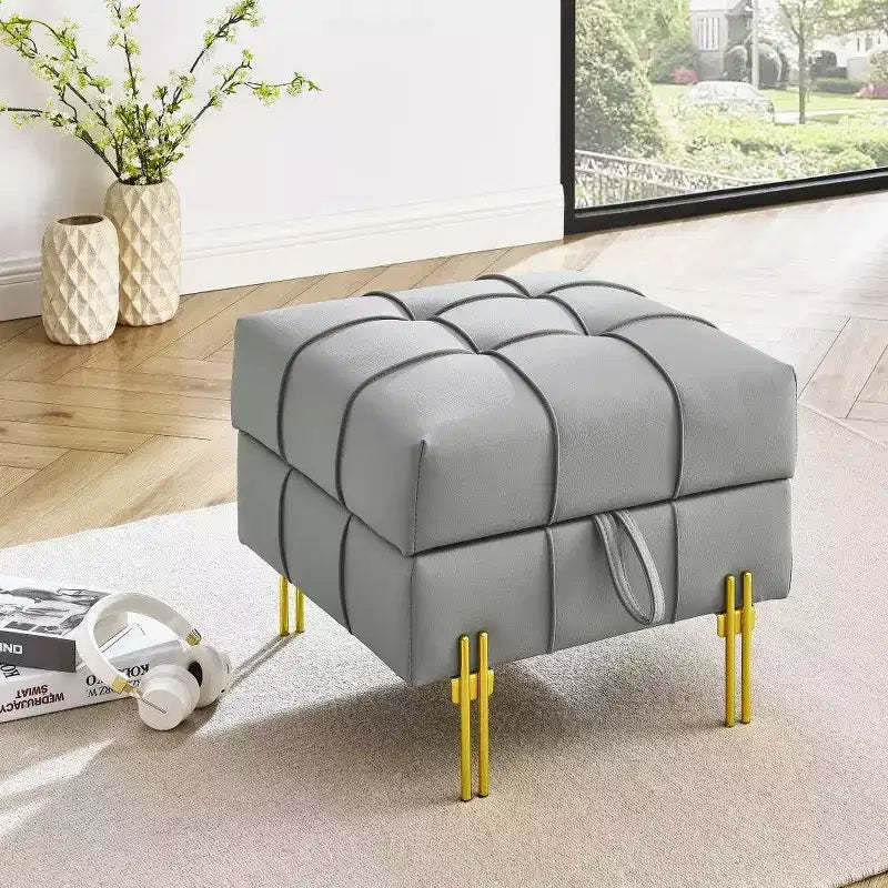 TUYOHW 22 Anti-Scratch Leather Storage Ottoman,Pet Friendly End of Bed Bench with Golden Metal Legs,Ottoman for Living Room,Bedroom,Entryway