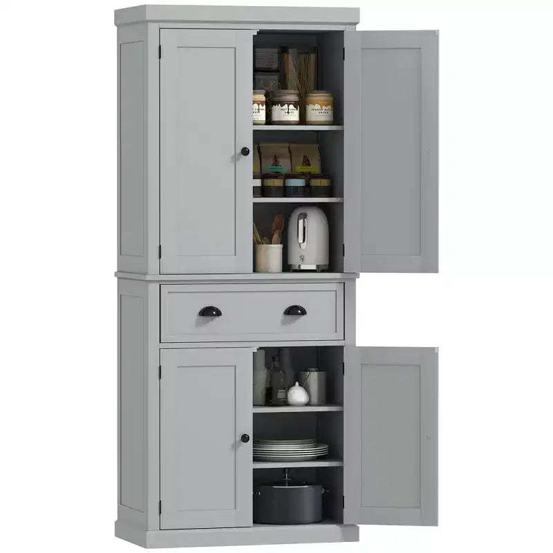 HOMCOM 72.5 Traditional Freestanding Kitchen Pantry Cupboard with 2 Cabinet, Drawer and Adjustable Shelves, Gray