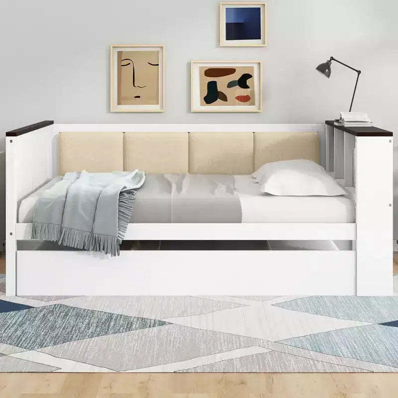 GDFStudio Gibson Wood Daybed with Storage Shelves and Upholstered Backrest