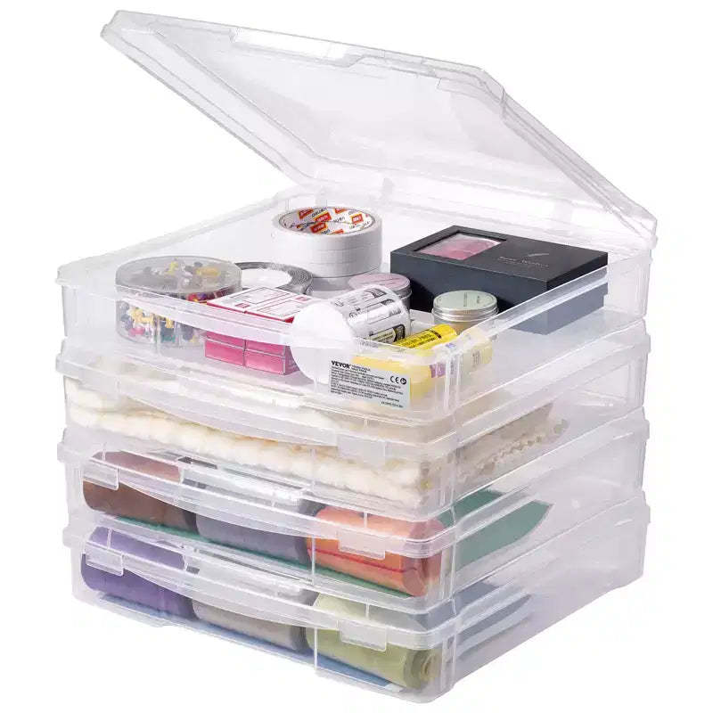 VEVOR Scrapbook Paper Storage, 4 Pack Stackable Plastic Board Game Boxes, Clear Multi-Purpose Document Case with Rounded Corners, Transparent