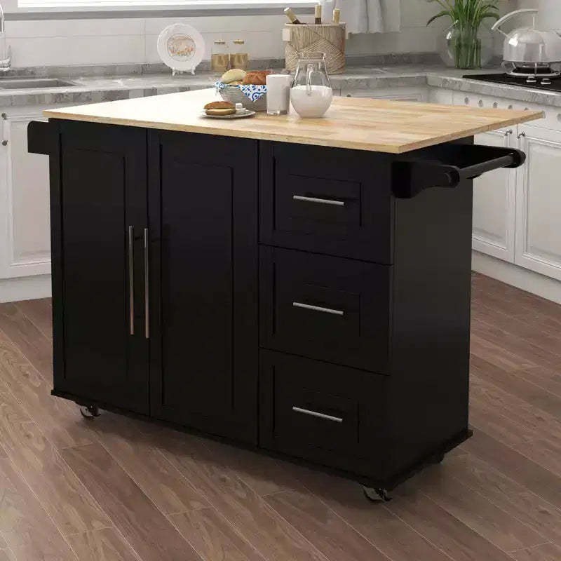 MAYEERTY Black Kitchen Island, Extensible Solid Wood Top Spice Rack Towel Rack
