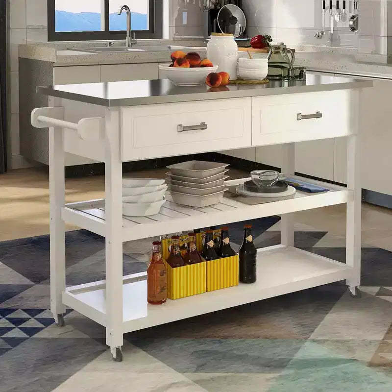 MAYEERTY White Kitchen Cart, Stainless Steel Top 2 Drawers