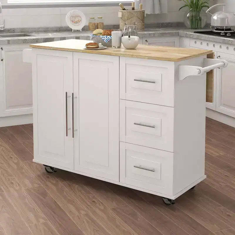 MAYEERTY White Kitchen Island, Extensible Solid Wood Top Spice Rack Towel Rack