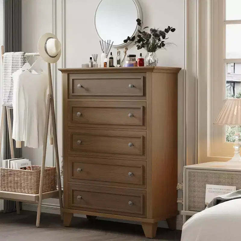 5 Drawer Dresser for Bedroom, 48 Tall Wooden Chest of Drawers with Metal Handles, Clothes Storage Organizer, Dresser Narrow Nightstand for Bedroom