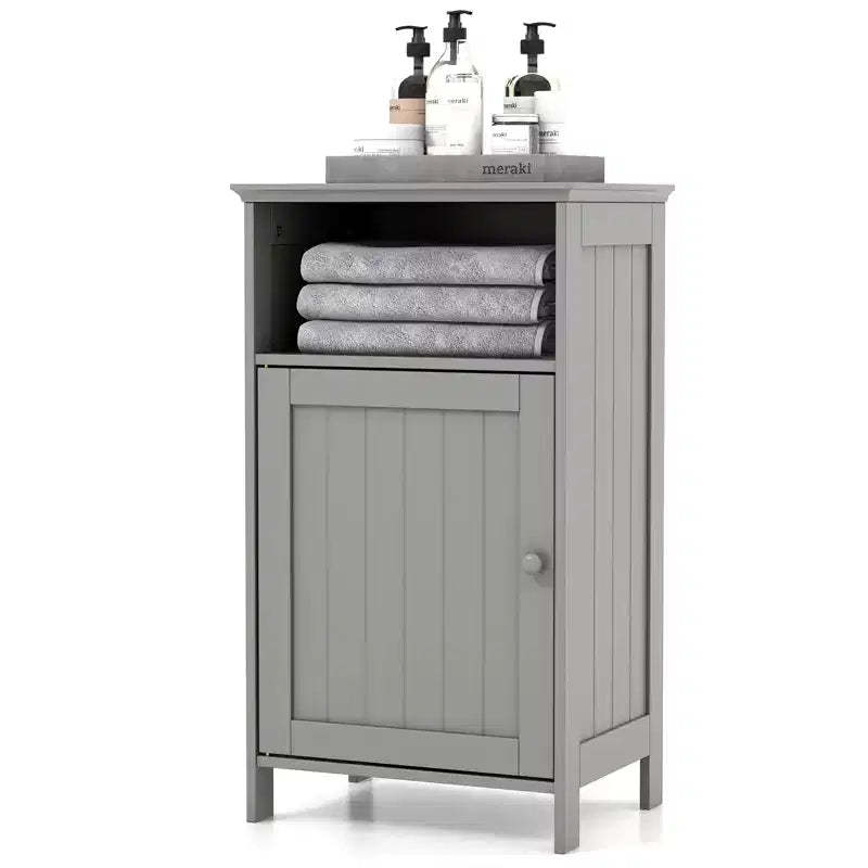 Costway Bathroom Floor Cabinet Single Door Side Cabinet w/ Open Compartment & 3-Position Adjustable Shelf White/Grey