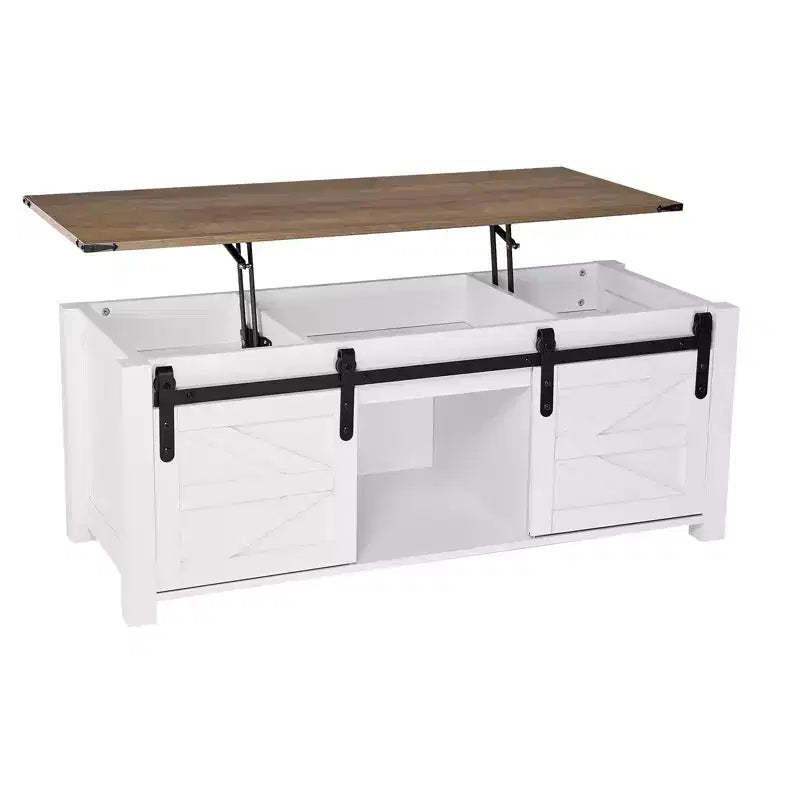 VEVOR 47.2in Farmhouse Lift Top Coffee Table,Rustic Center Table with Barn Door and Hidden Storage Compartment,Modern Rectangle Lifting Tabletop,White