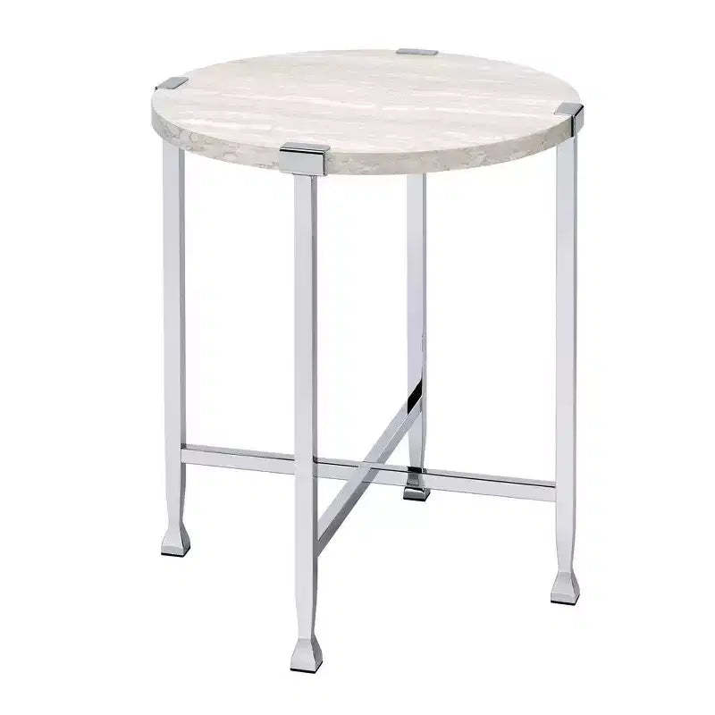 Royal Hampton End Table with X Shaped Metal Base and Round Wooden Top,Silver and Beige
