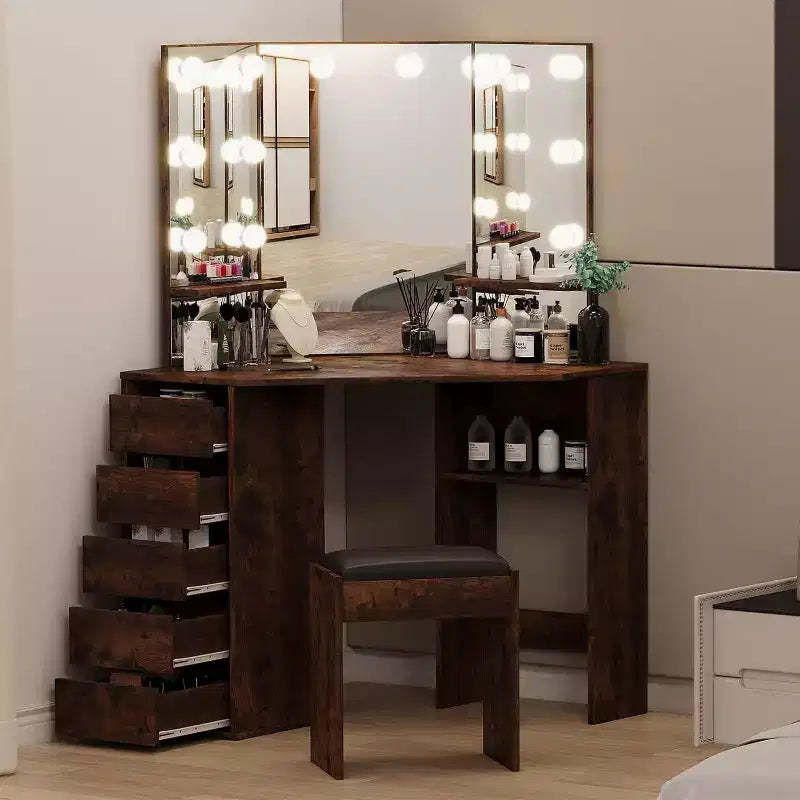Corner Vanity Desk and Bench, Makeup Vanity Table with 3-Folding Lighted Mirrors, Charging Station, 5 Drawers for Bedroom