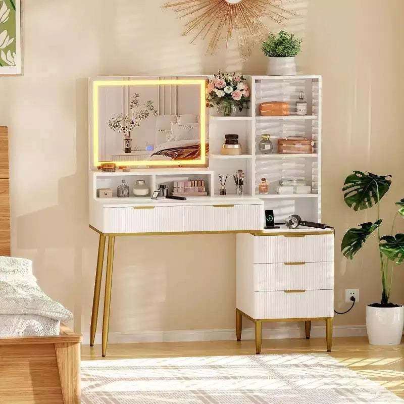 Modern Vanity Desk with LED Mirror & Outlets, 5-Drawer Dressing Table with Tempered Glass Top & Storage Shelf for Bedroom, White