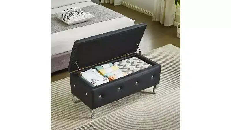 Storage Ottoman Bench, with Tufted Seating and Metal Legs, Storage Bench for Bedroom in Leather, Ottoman Bench for Living Room,Bedrooom, Black