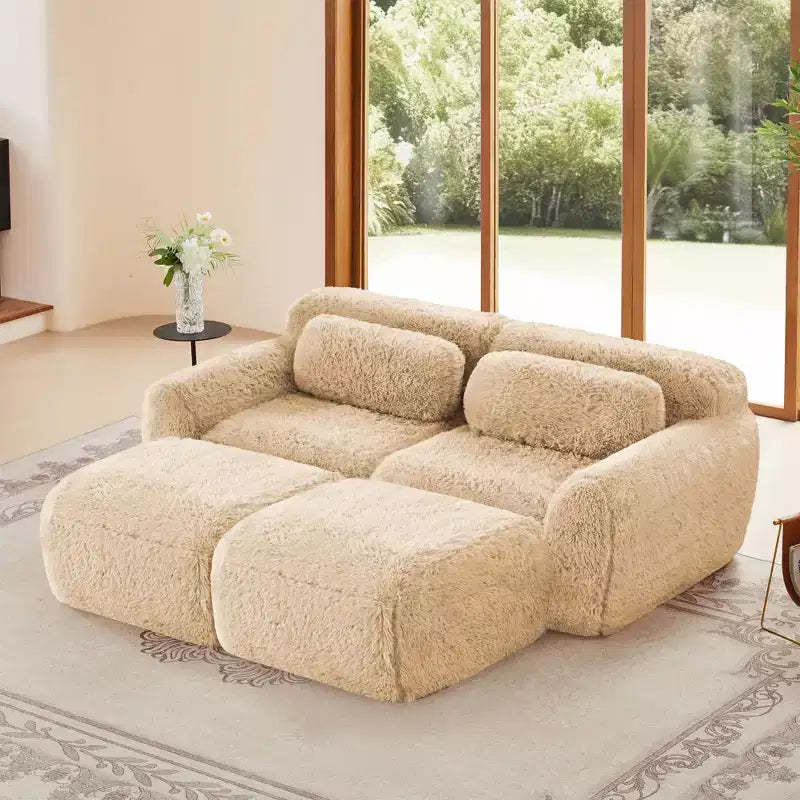 80.3 inch Light Khaki Plush Fabric Sectional Sofa with Throw Pillows and 2 Ottomans 32D High Density Sponge
