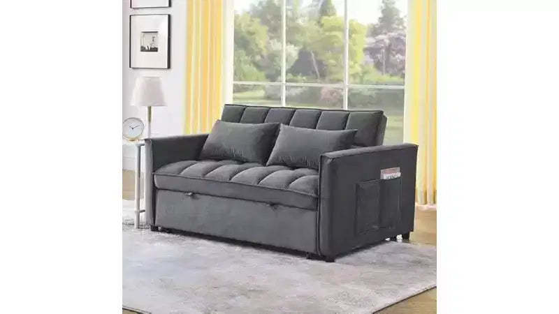 Convertible Sofa Bed with Adjustable Backrest - 3-Position Recliner , Pull-Out Sleeper, Two Side Pockets, 2 Pillows for Living Room, Grey