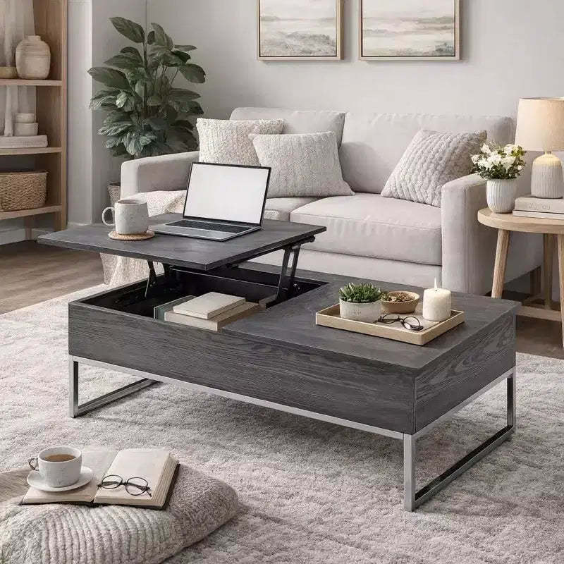 Royal Hampton Wooden Coffee Table with Two Lift Tops and Metal Sled Leg Support, Gray and Silver