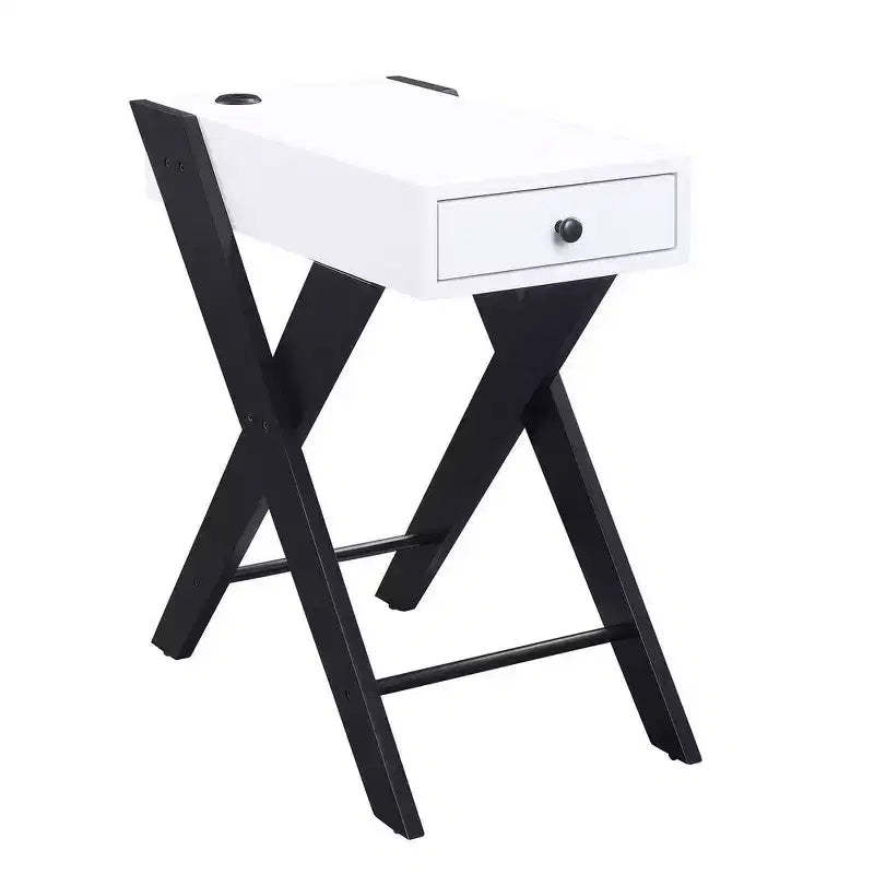 Royal Hampton Frame Side Table with X Shaped Legs and 1 Drawer, White and Black