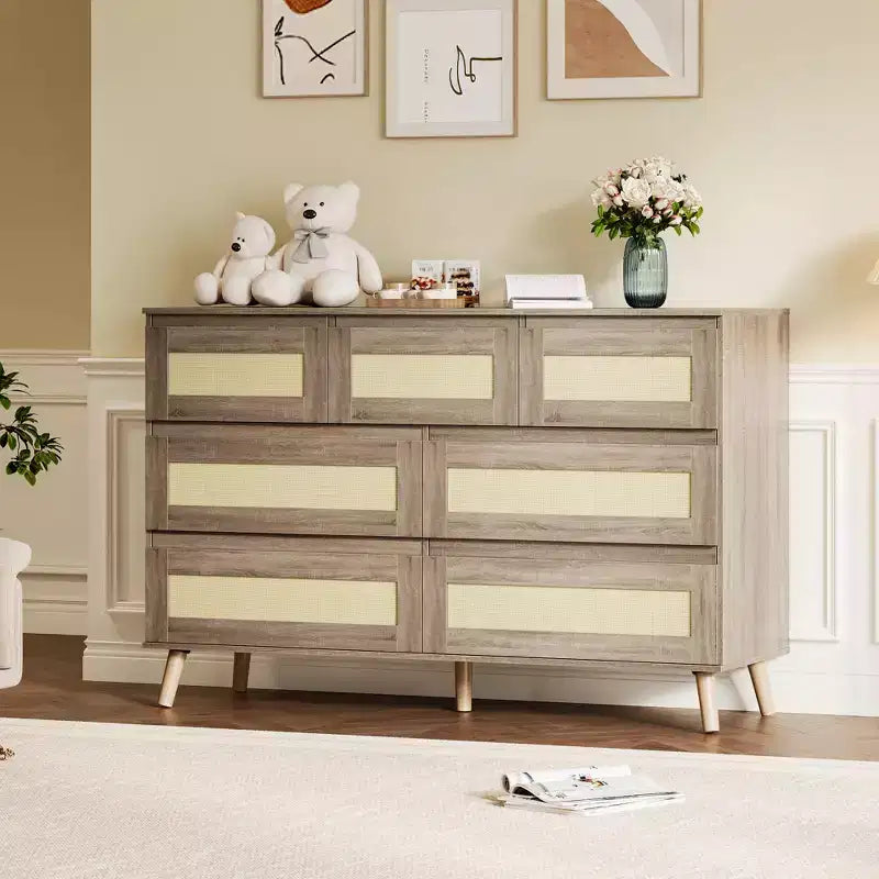 Rattan Dresser for Bedroom with 7 Drawers, 47.2 in Wide Chest of Drawers