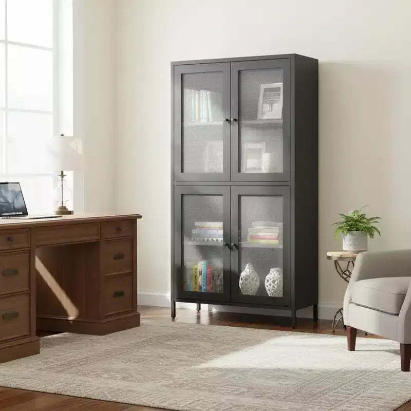 Homy Casa Metal Storage Cabinet with 4 Glass Doors, Tall Display Organizer with Adjustable Shelves, Black