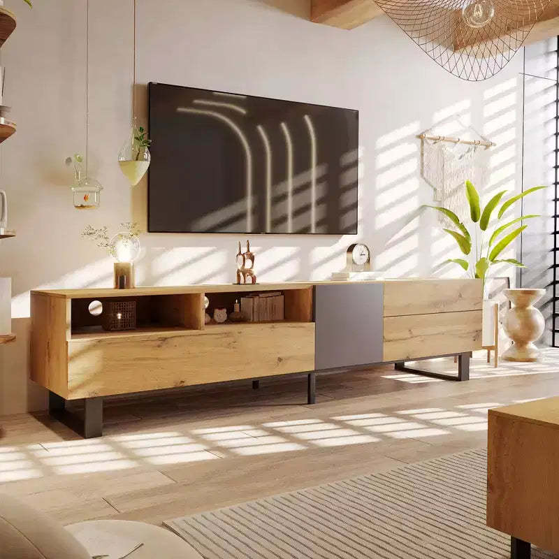 TV Stand for 80 inch TV Storage Cabinet, Modern Wood Media Console with Drop Down Doors, Entertainment Center for Living room, Wood