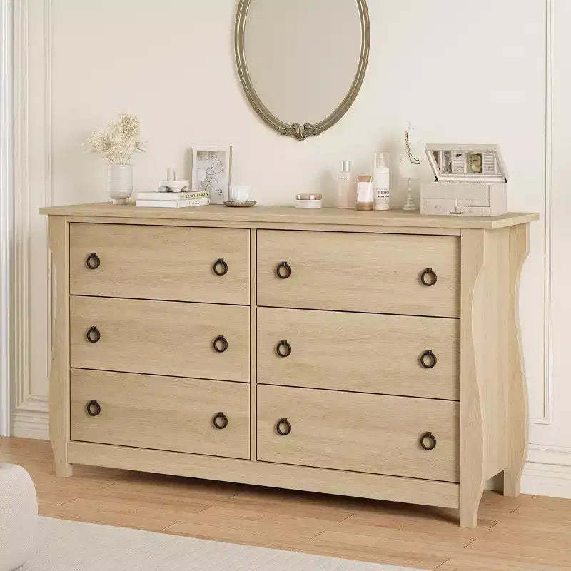 6-Drawer Dresser with Sliding Doors - Modern Freestanding Storage Cabinet for Bedroom or Living Room, Wide Design