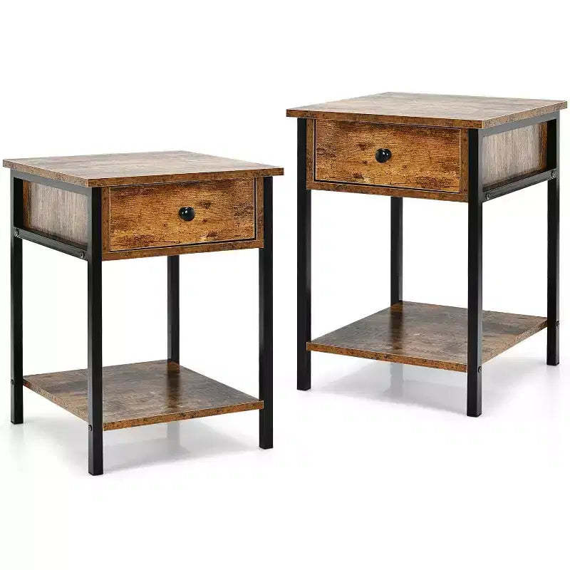 Costway Set of 2 Industrial 2-Tier End Table Nightstand with Storage Drawer and Shelf Bedside Tables with Metal Frame Brown