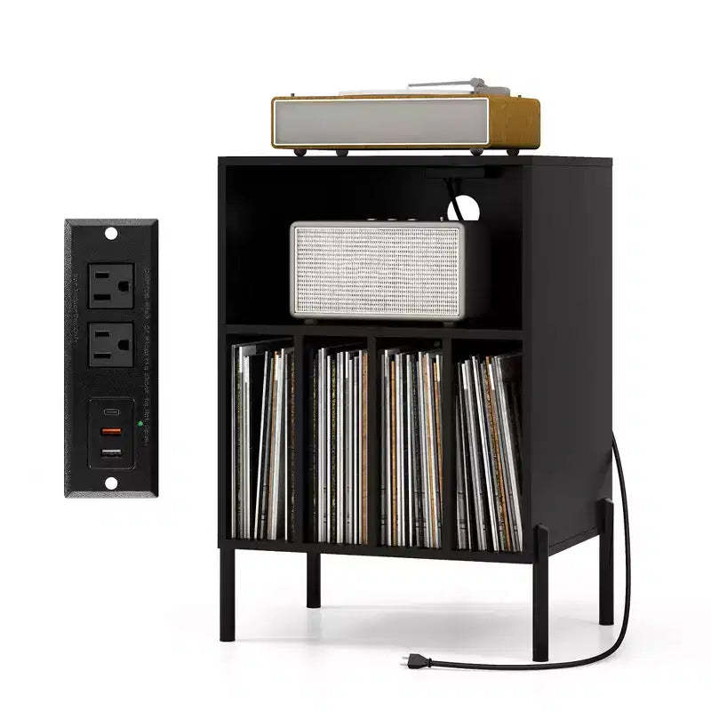 Costway Record Player Stand w/ Charging Station 5 Storage Compartments Anti-toppling Kits