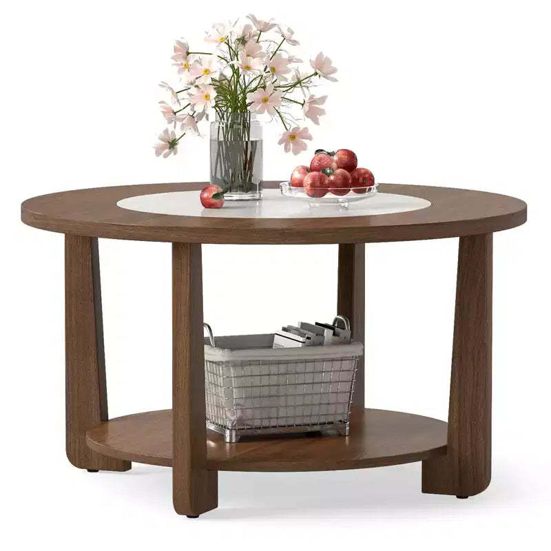 Costway Round Coffee Table w/ 2-Tone Tabletop & Open Storage Shelf Wood Support Legs
