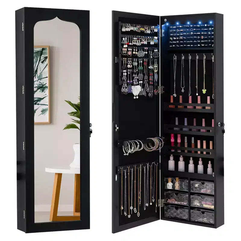 Costway Jewelry Armoire w/ Full-Length Mirror w/ Built-in LED Lights Hooks Shelves