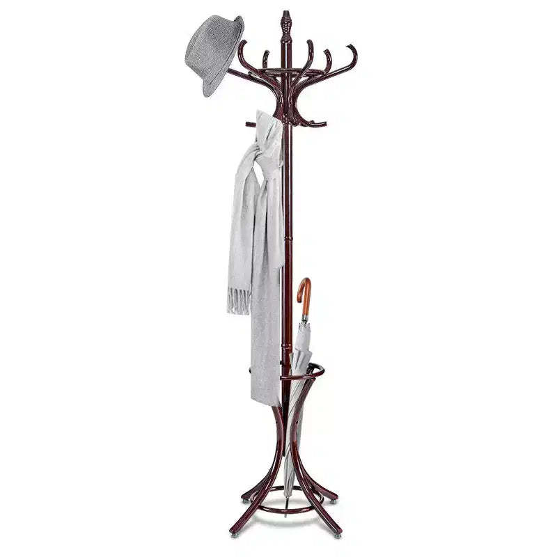 Costway Wood Standing Hat Coat Rack Jacket Bag Hanger Tree 12 Hooks Reddish Brown w/ Umbrella Stand