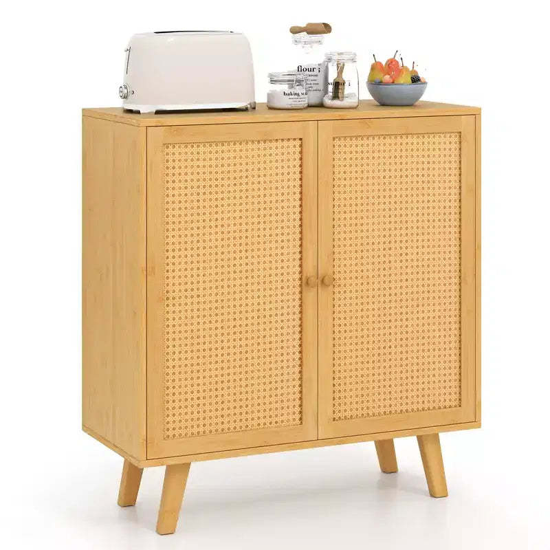 Costway Bamboo Buffet Cabinet w/ PE Rattan Doors Freestanding Kitchen Cupboard Natural