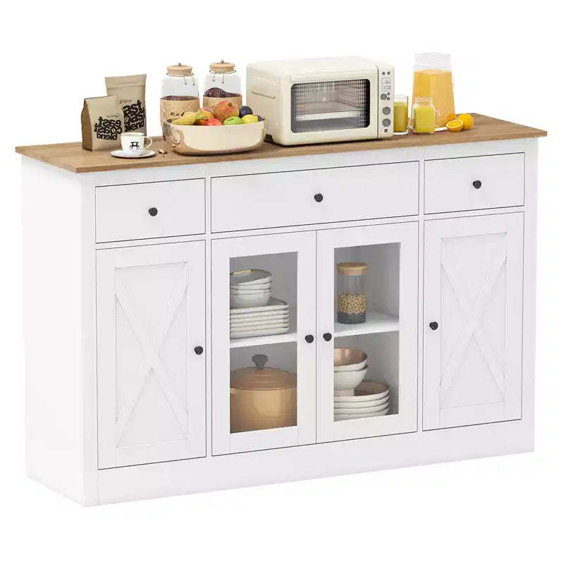Costway 55 Large Buffet Sideboard w/ 3 Drawers 2 See-through Doors Adjustable Shelves