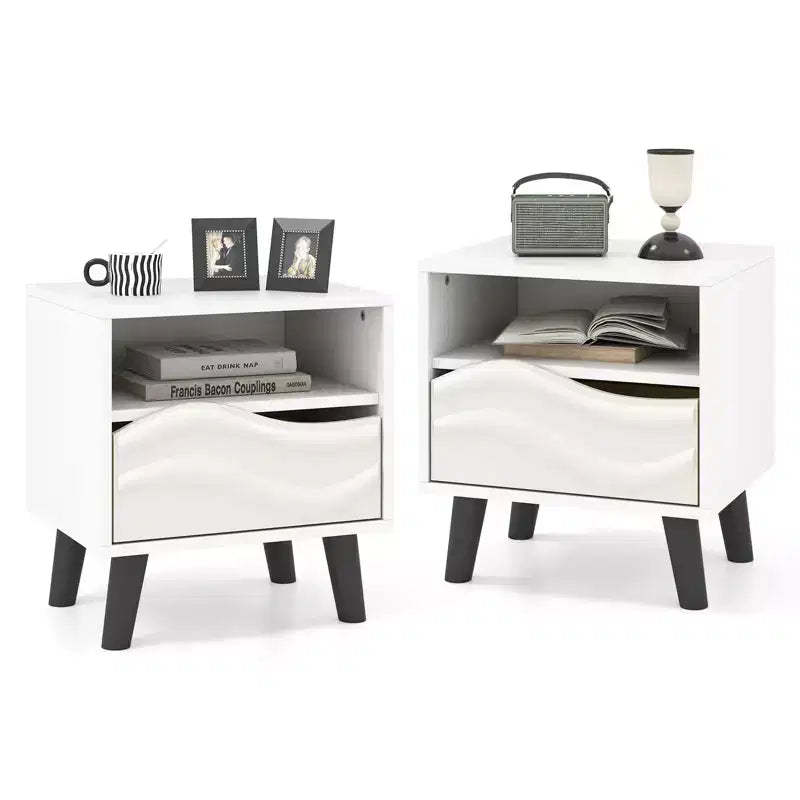 Costway 2PCS Nightstand w/Drawer 3D Wavy Pattern Open Shelf Small Sofa Couch Side Table