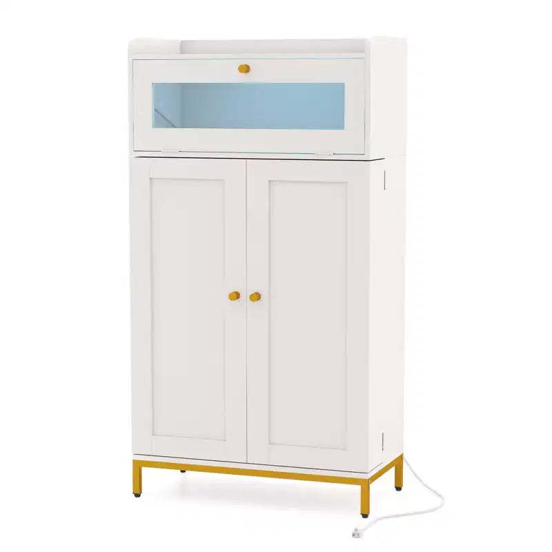 Costway Kitchen Pantry Cabinet Power Outlet & APP Control LED Lights Acrylic Flip Door
