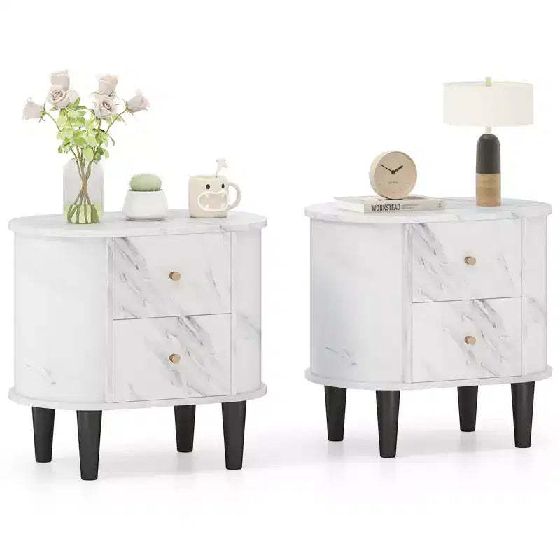 Costway 2PCS Nightstand w/ 2 Drawers Faux Marble Bedside Table for Small Space