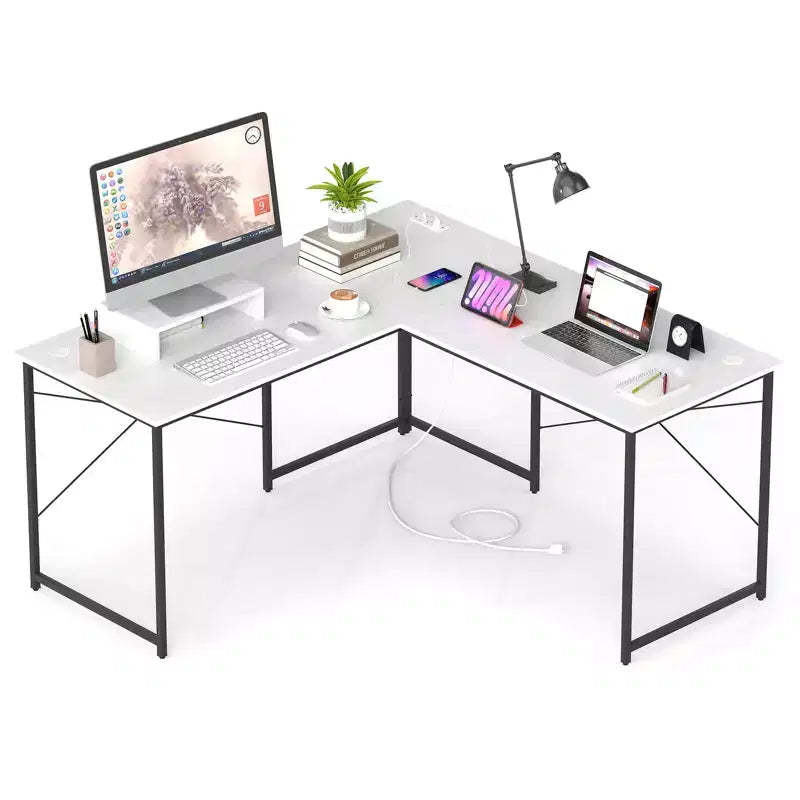 Costway L-Shaped Computer Desk with Power Outlets 95 Long 2-Person Desk with Monitor Shelf Modern Corner Desk Gaming Table with USB Ports White