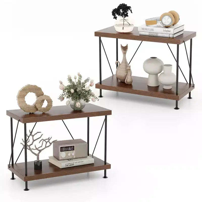 Costway 2PCS 2-Tier Multipurpose Display Rack Freestanding Bookshelf w/ Metal Frame Walnut