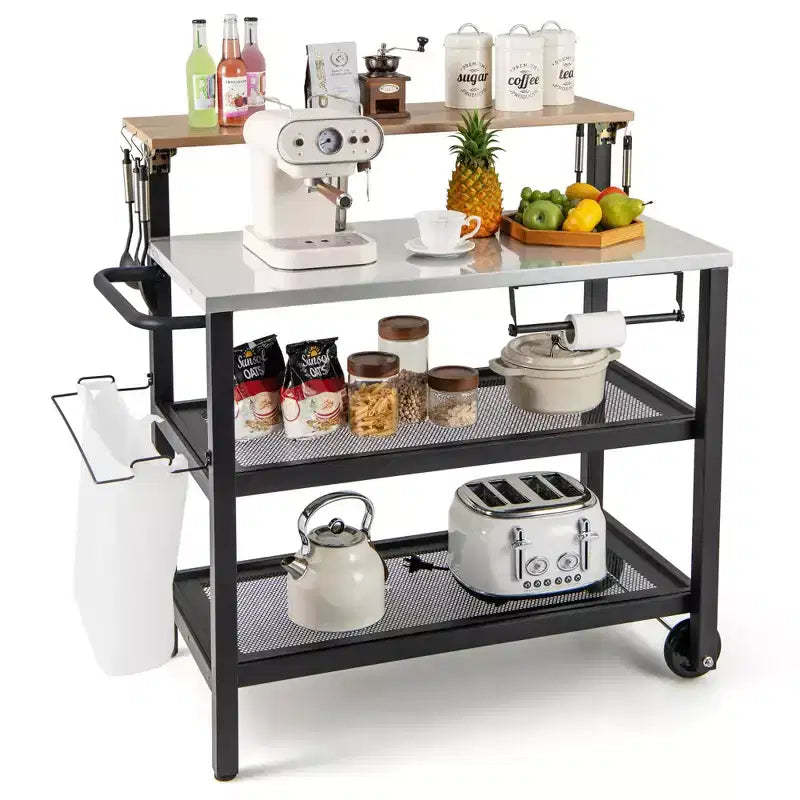 Costway Rolling Bar Cart w/ Flip-up Table Hooks Paper Towel Holder Trash Bag Holder