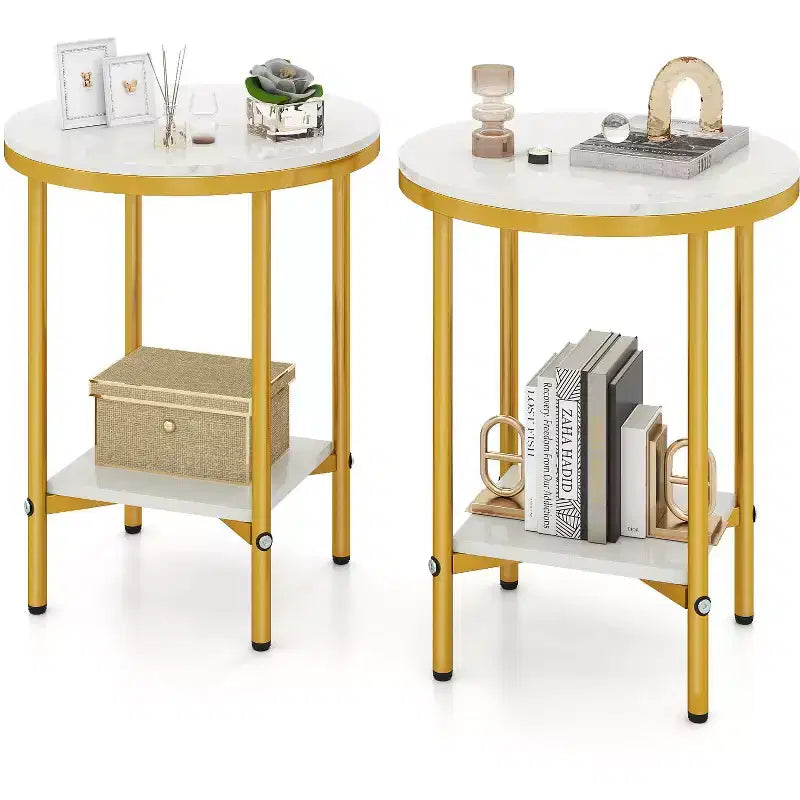 Costway 2-Tier Round Side Table Set of 2 16 Faux Marble End Table w/ Storage Shelf