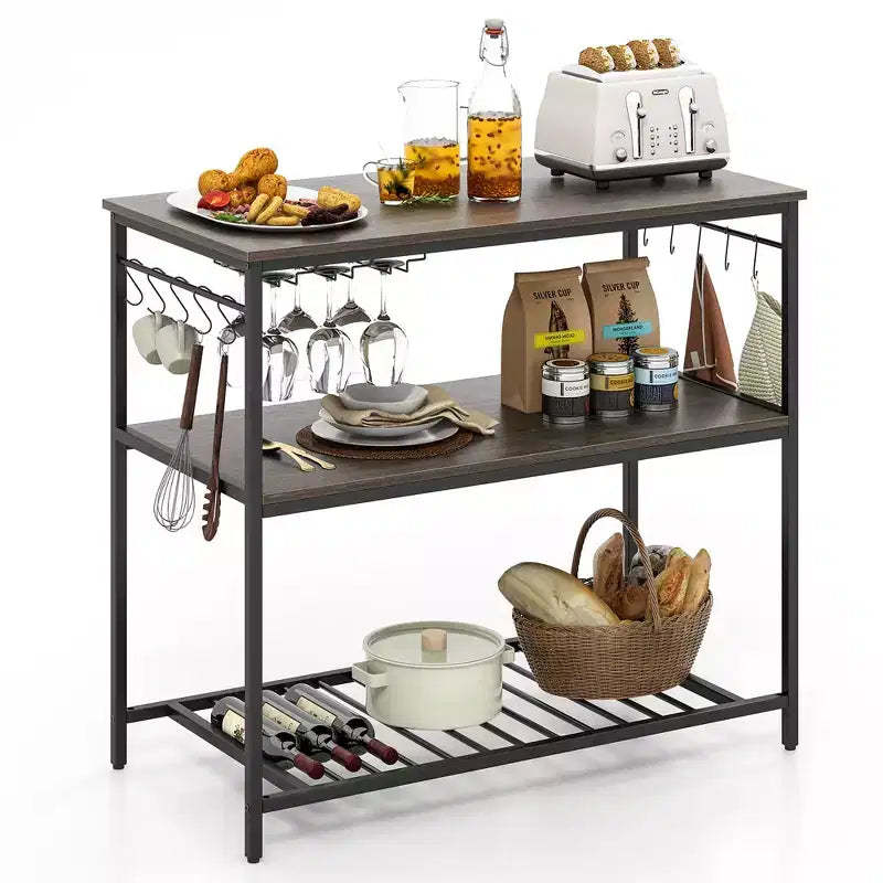 Costway Kitchen Island with 3 Shelves, Industrial Kitchen Counter w/ Glass Holders & 10 Hooks, 3 Tier Kitchen Shelf w/ Heavy Duty Metal Frame