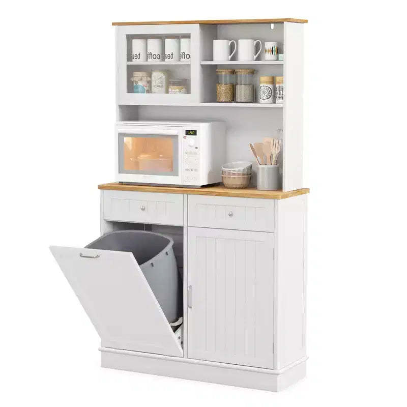 Costway Double Tilt Out Trash Cabinet w/ Hutch Kitchen Pantry Storage Cabinet White