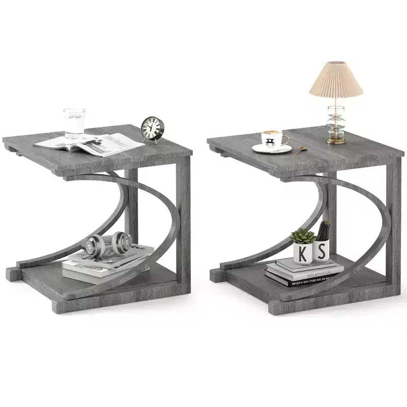 Costway 2PCS 24 Side End Table w/ Storage Shelf & Rubber Wood Frame for Small Space