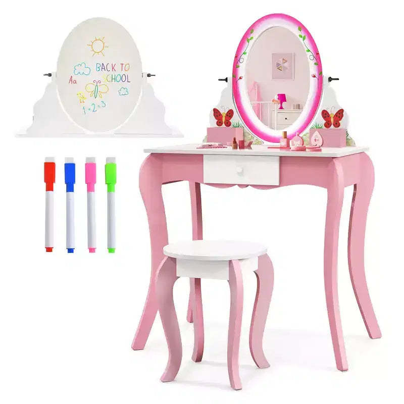 Costway Kids Vanity Table Stool Set Pretend Play Makeup Desk with Whiteboard Markers