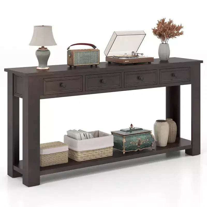 Costway 63 Farmhouse Entryway Table with 4 Storage Drawers and Open Shelf Espresso