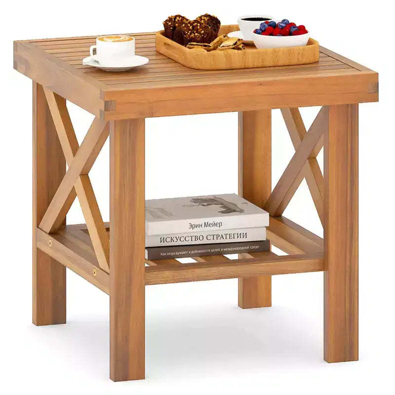 Costway Outdoor Side Table Acacia Wood Adirondack Table w/ Storage Shelf Natural