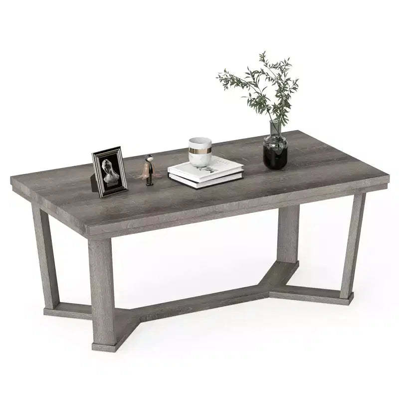 Costway Coffee Table Solid Rubber Wood Center Table w/ Cross-Shaped Base Accent Table